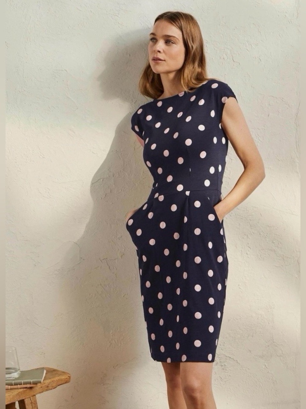 Boden Navy Midi Dress with Pink Polka Dots